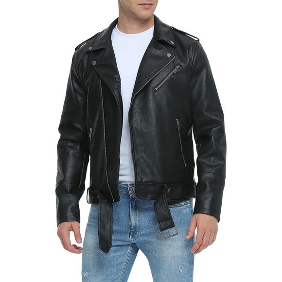 Men Black Faux Leather Biker Jacket Slim Fit Motorcycle Bomber Zip Up Coat - Picture 1 of 5